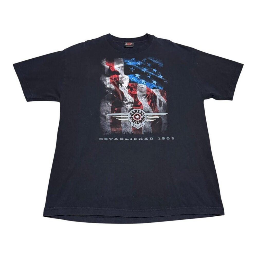 Harley Davidson American Flag Motorcycle Black Logo Shirt‎ Adult XL
